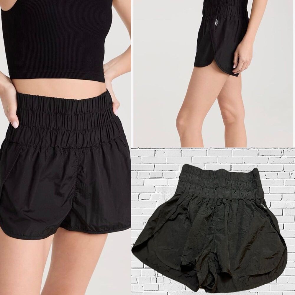 FP Movement by Free People Black High-Waist Smocked Runner Shorts SP